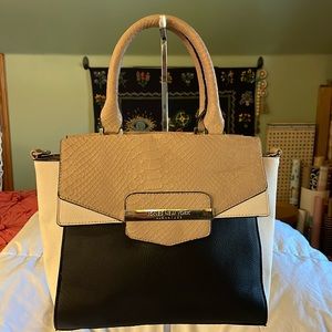 Jones New York Signature Carrie Satchel Bag Black, White and Beige.